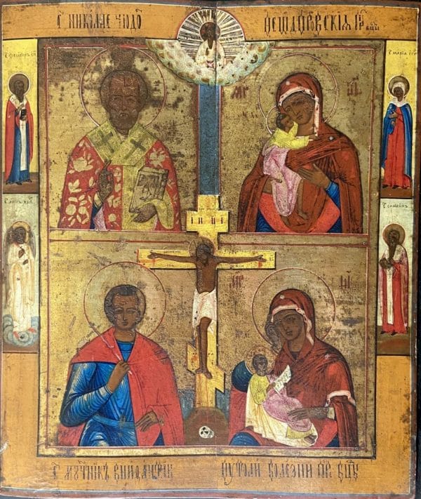 Antica icona russa con Crocifisso al centro e quattro immagini con la Madonna