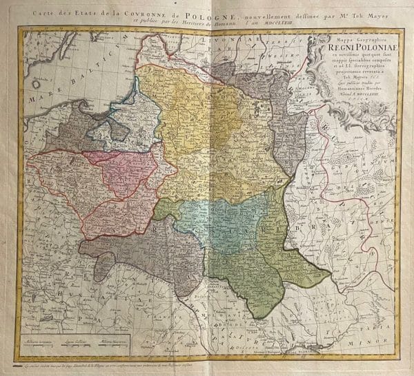 Bella mappa del Regno di Poolonia con bel cartiglio al titolo. La carta rileva città e strade del regno polacco. Per Oliva Stampe Antiche